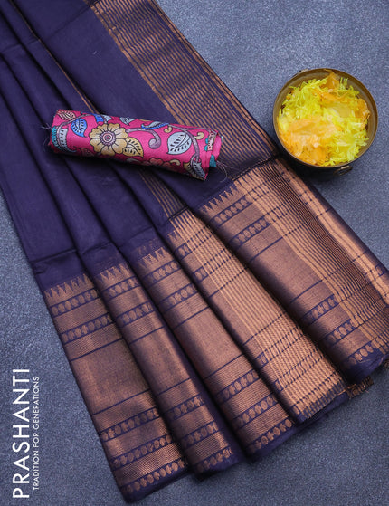 Semi tussar saree navy blue and pink with plain body and long zari woven border & kalamkari printed blouse