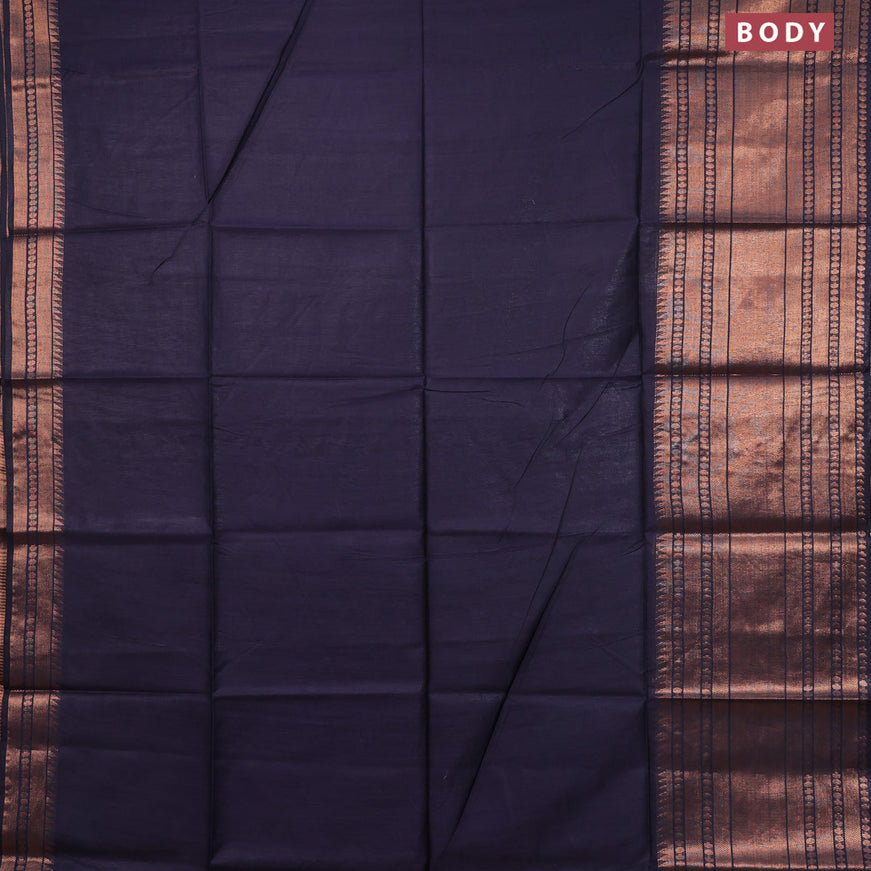 Semi tussar saree navy blue and pink with plain body and long zari woven border & kalamkari printed blouse