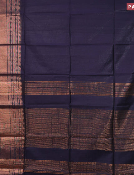 Semi tussar saree navy blue and pink with plain body and long zari woven border & kalamkari printed blouse