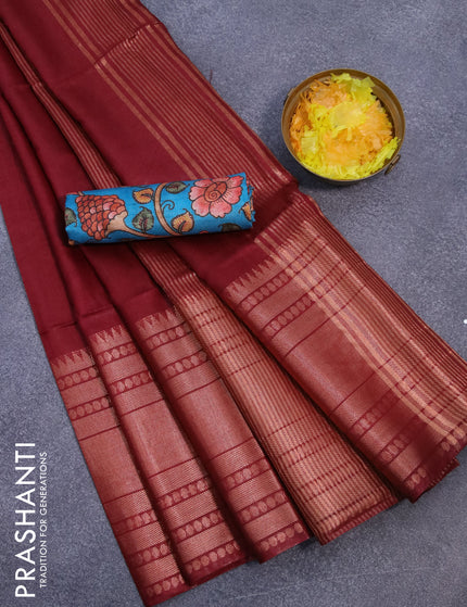 Semi tussar saree maroon and teal blue with plain body and long zari woven border & kalamkari printed blouse