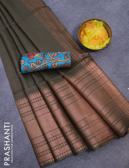 Semi tussar saree sap green and teal blue with plain body and long zari woven border & kalamkari printed blouse