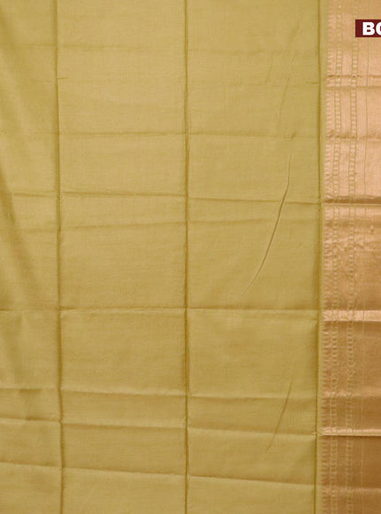 Semi tussar saree lime green and tomato pink with plain body and long zari woven border & kalamkari printed blouse