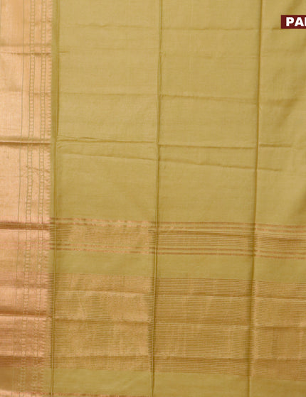 Semi tussar saree lime green and tomato pink with plain body and long zari woven border & kalamkari printed blouse