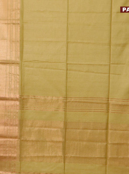 Semi tussar saree lime green and tomato pink with plain body and long zari woven border & kalamkari printed blouse