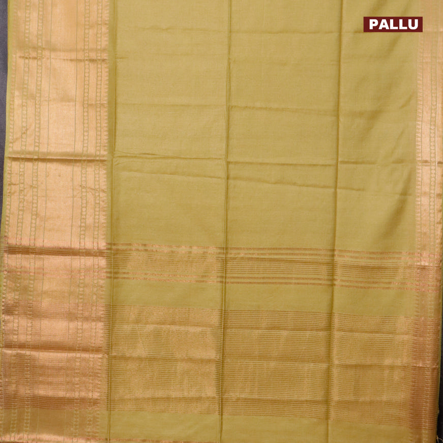 Semi tussar saree lime green and tomato pink with plain body and long zari woven border & kalamkari printed blouse