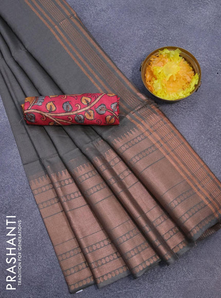 Semi tussar saree grey and tomato pink with plain body and long zari woven border & kalamkari printed blouse