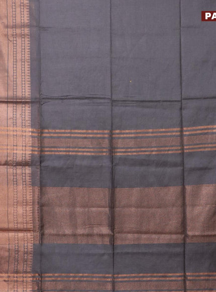 Semi tussar saree grey and tomato pink with plain body and long zari woven border & kalamkari printed blouse