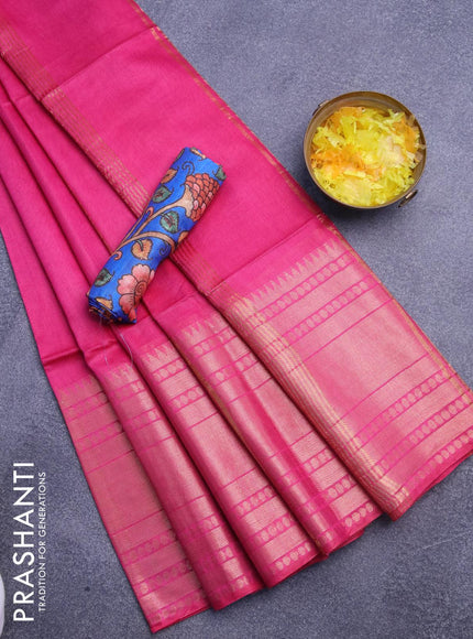 Semi tussar saree pink and royal blue with plain body and long zari woven border & kalamkari printed blouse