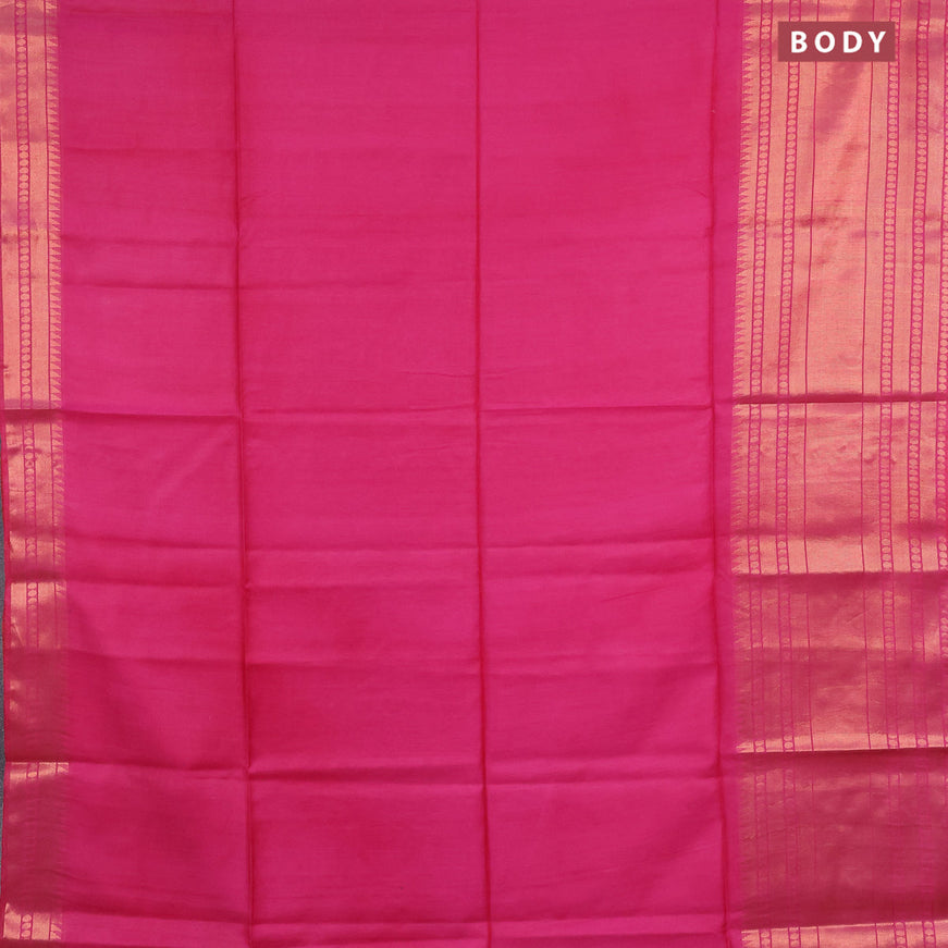 Semi tussar saree pink and royal blue with plain body and long zari woven border & kalamkari printed blouse