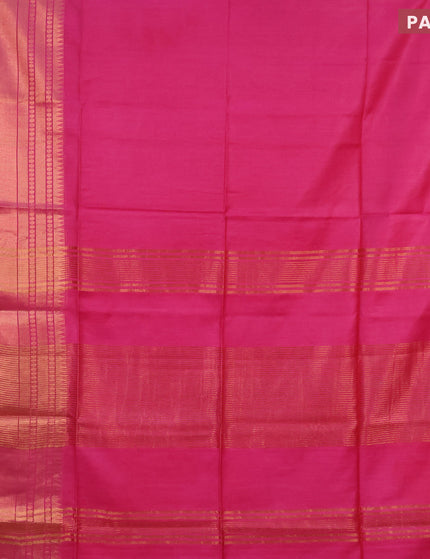 Semi tussar saree pink and royal blue with plain body and long zari woven border & kalamkari printed blouse