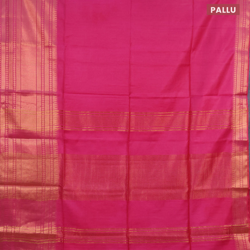 Semi tussar saree pink and royal blue with plain body and long zari woven border & kalamkari printed blouse