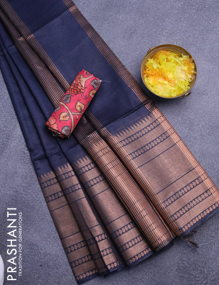 Semi tussar saree navy blue and tomato pink with plain body and long zari woven border & kalamkari printed blouse