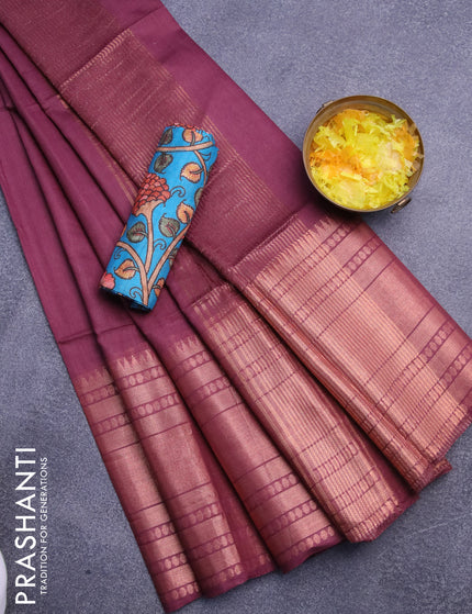 Semi tussar saree maroon and teal blue with plain body and long zari woven border & kalamkari printed blouse