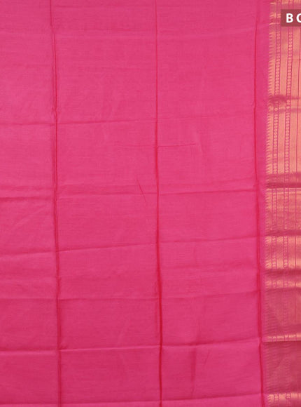 Semi tussar saree pink and royal blue with plain body and long zari woven border & kalamkari printed blouse