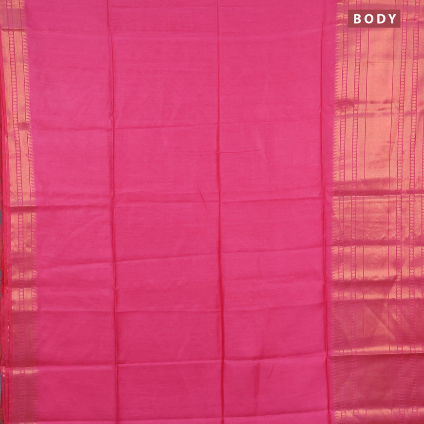 Semi tussar saree pink and royal blue with plain body and long zari woven border & kalamkari printed blouse