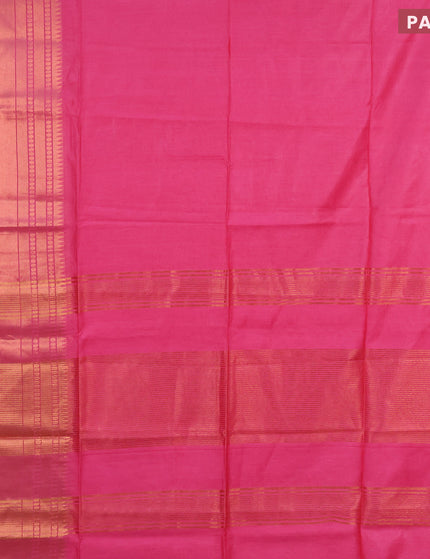 Semi tussar saree pink and royal blue with plain body and long zari woven border & kalamkari printed blouse