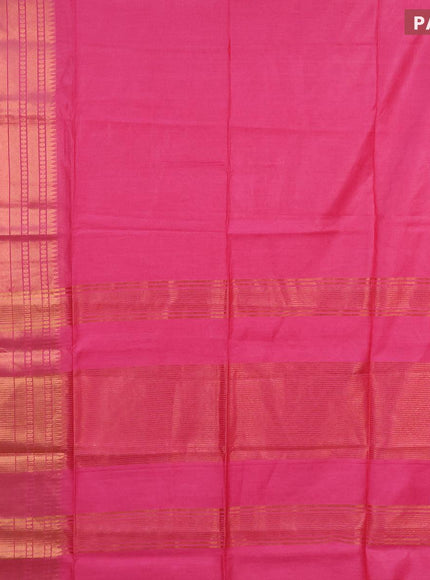 Semi tussar saree pink and royal blue with plain body and long zari woven border & kalamkari printed blouse