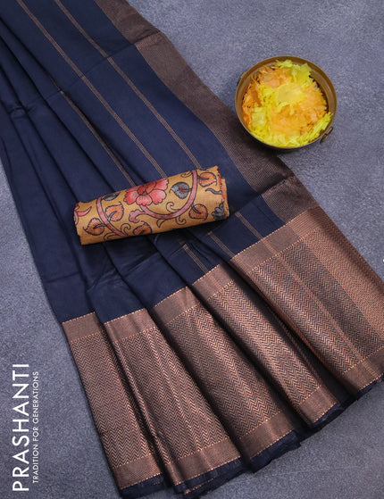 Semi tussar saree navy blue and mustard yellow with plain body and long copper zari woven border & kalamkari printed blouse