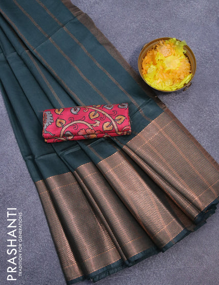 Semi tussar saree dark green and tomato pink with plain body and long copper zari woven border & kalamkari printed blouse