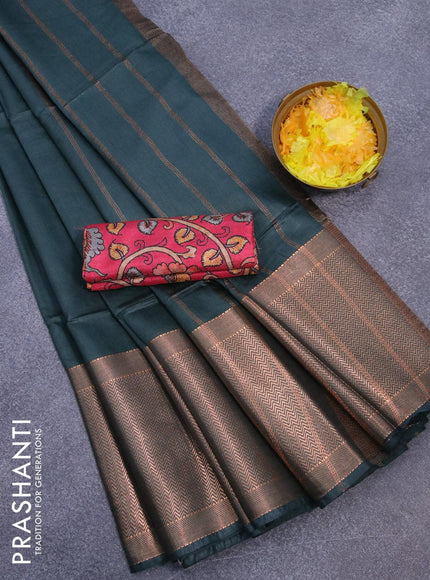 Semi tussar saree dark green and tomato pink with plain body and long copper zari woven border & kalamkari printed blouse