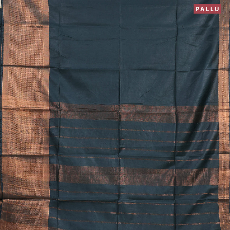 Semi tussar saree dark green and tomato pink with plain body and long copper zari woven border & kalamkari printed blouse