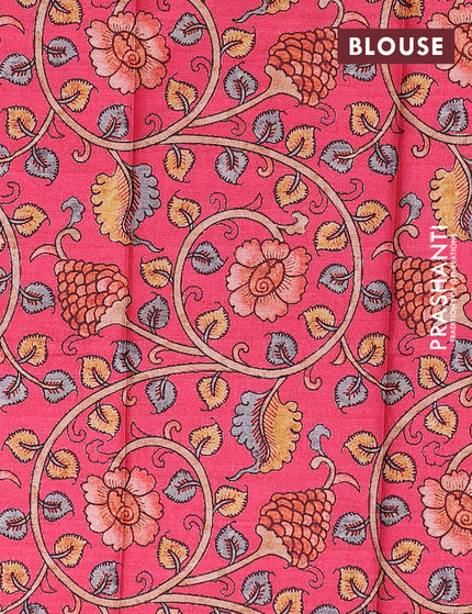 Semi tussar saree dark green and tomato pink with plain body and long copper zari woven border & kalamkari printed blouse