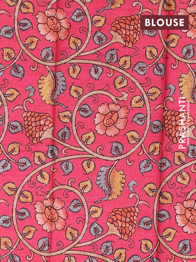 Semi tussar saree dark green and tomato pink with plain body and long copper zari woven border & kalamkari printed blouse