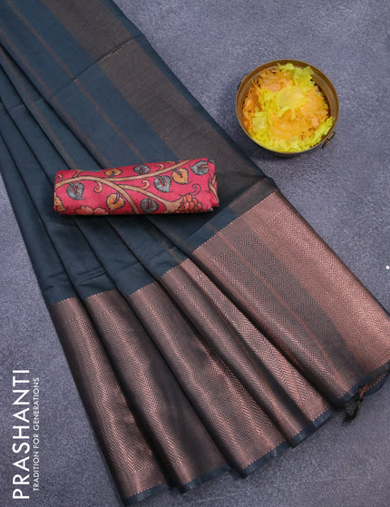 Semi tussar saree dark green and tomato pink with plain body and long copper zari woven border & kalamkari printed blouse