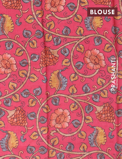 Semi tussar saree dark green and tomato pink with plain body and long copper zari woven border & kalamkari printed blouse