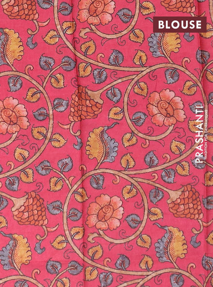 Semi tussar saree dark green and tomato pink with plain body and long copper zari woven border & kalamkari printed blouse