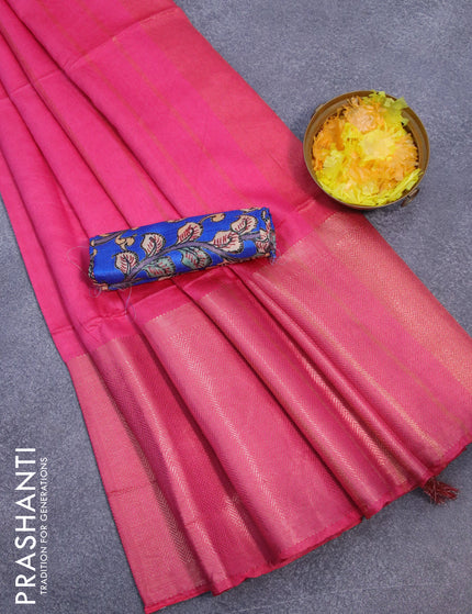 Semi tussar saree pink and royal blue with plain body and long copper zari woven border & kalamkari printed blouse