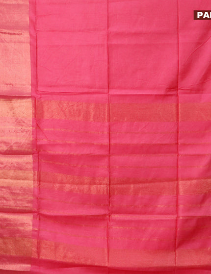 Semi tussar saree pink and royal blue with plain body and long copper zari woven border & kalamkari printed blouse