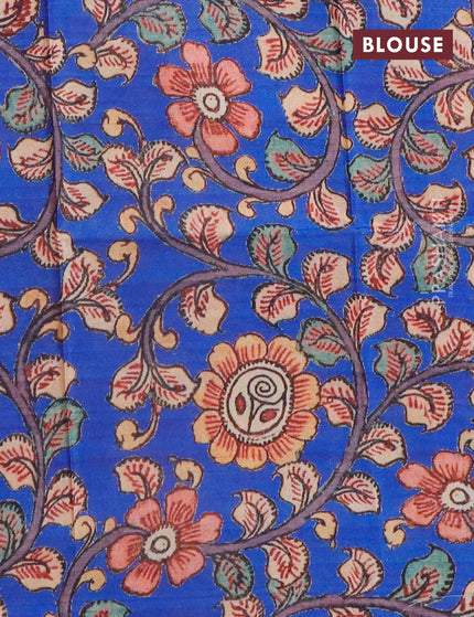 Semi tussar saree pink and royal blue with plain body and long copper zari woven border & kalamkari printed blouse