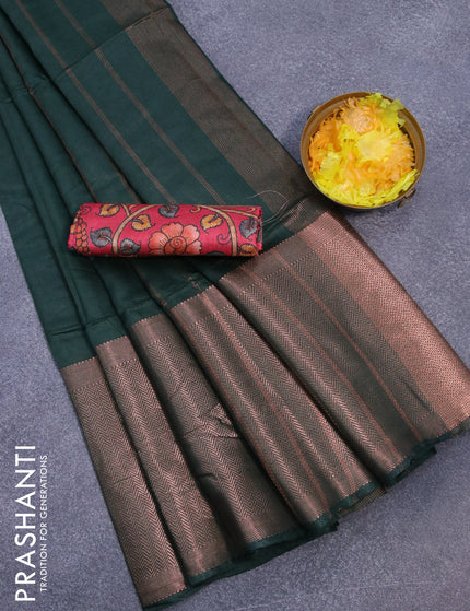 Semi tussar saree dark green and tomato pink with plain body and long copper zari woven border & kalamkari printed blouse