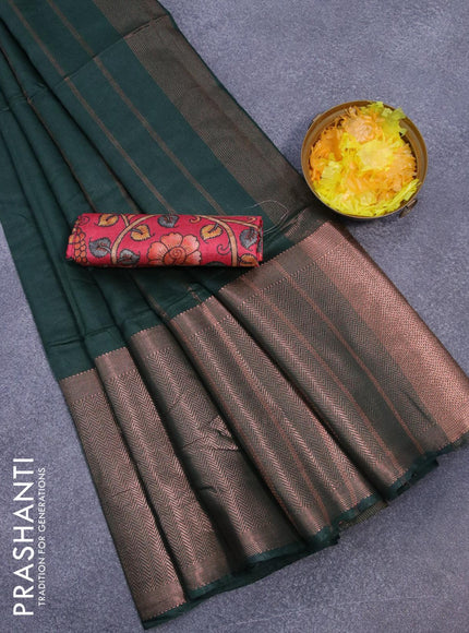 Semi tussar saree dark green and tomato pink with plain body and long copper zari woven border & kalamkari printed blouse