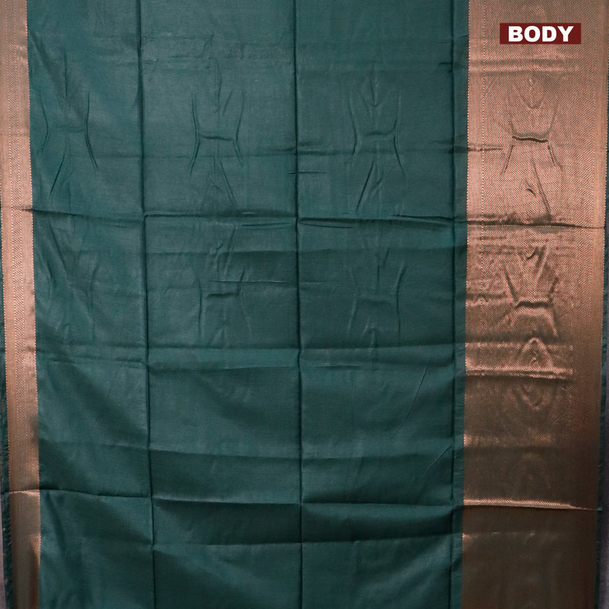 Semi tussar saree dark green and tomato pink with plain body and long copper zari woven border & kalamkari printed blouse