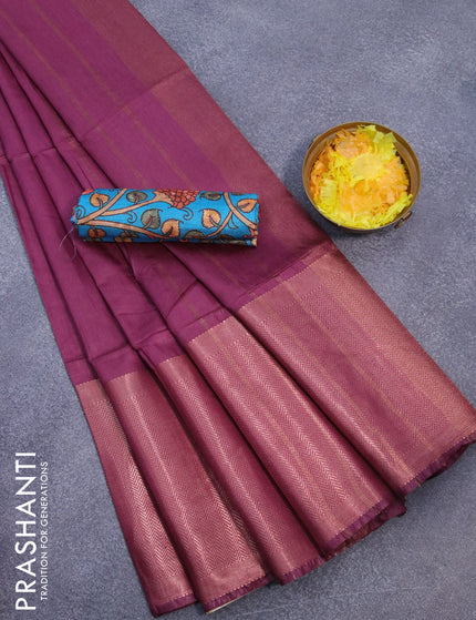 Semi tussar saree maroon and teal blue with plain body and long copper zari woven border & kalamkari printed blouse