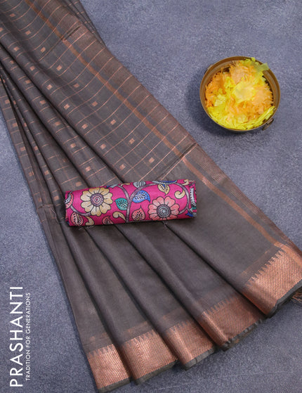 Semi tussar saree grey and pink with allover copper zari checked pattern and copper zari woven border & kalamkari printed blouse