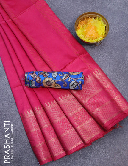 Semi tussar saree pink and blue with plain body and copper zari woven border & kalamkari printed blouse