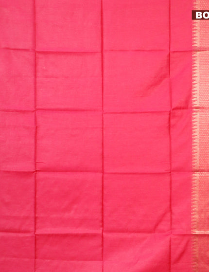 Semi tussar saree pink and blue with plain body and copper zari woven border & kalamkari printed blouse