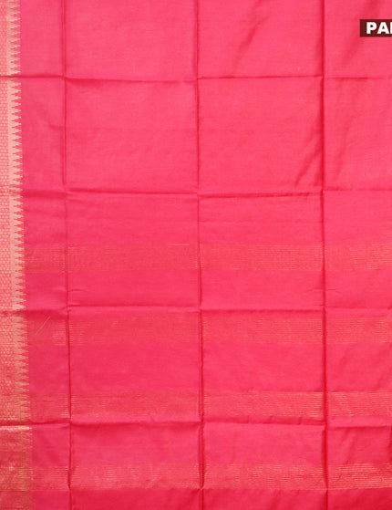 Semi tussar saree pink and blue with plain body and copper zari woven border & kalamkari printed blouse