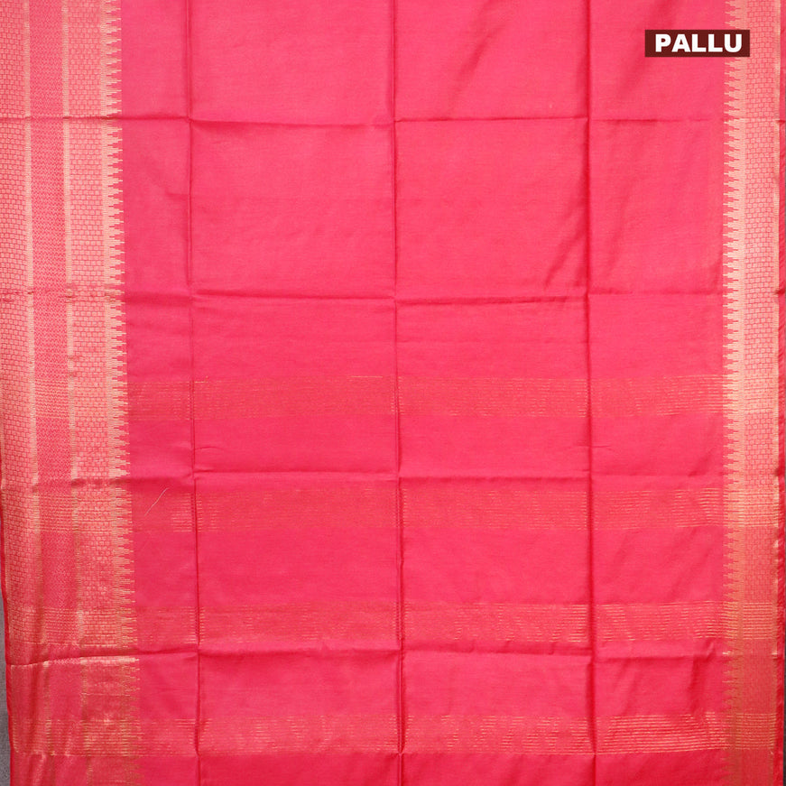 Semi tussar saree pink and blue with plain body and copper zari woven border & kalamkari printed blouse