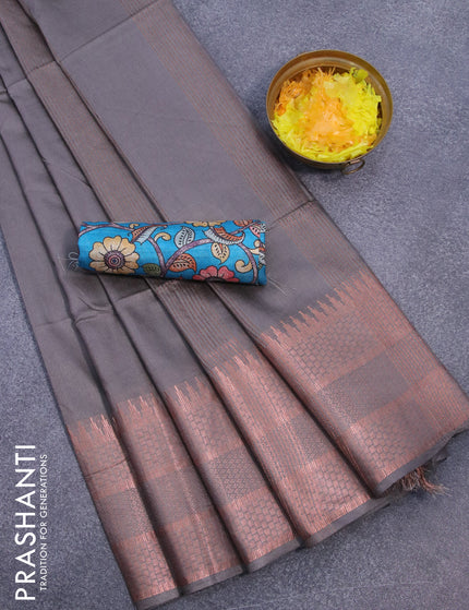 Semi tussar saree grey shade and teal blue with plain body and copper zari woven border & kalamkari printed blouse