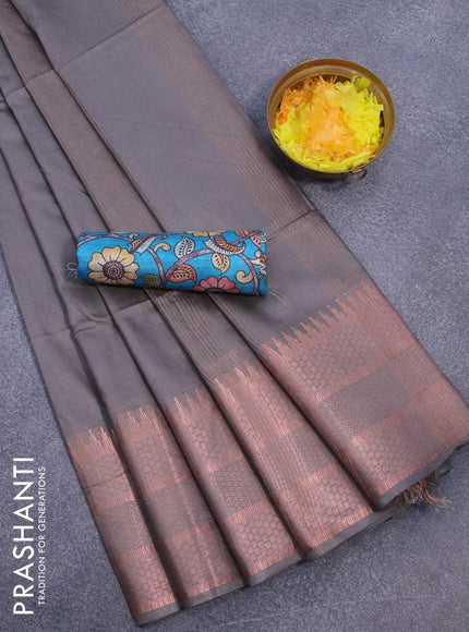 Semi tussar saree grey shade and teal blue with plain body and copper zari woven border & kalamkari printed blouse