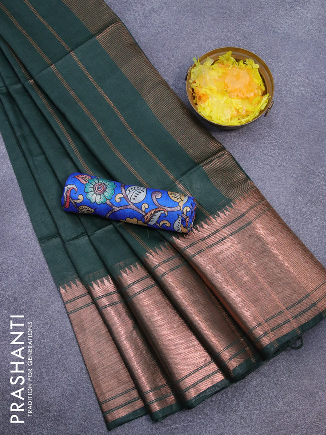 Semi tussar saree bottle green and blue with plain body and long copper zari woven border & kalamkari printed blouse