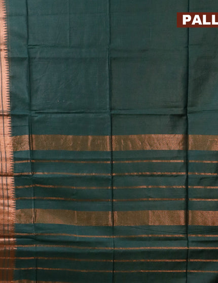 Semi tussar saree bottle green and blue with plain body and long copper zari woven border & kalamkari printed blouse