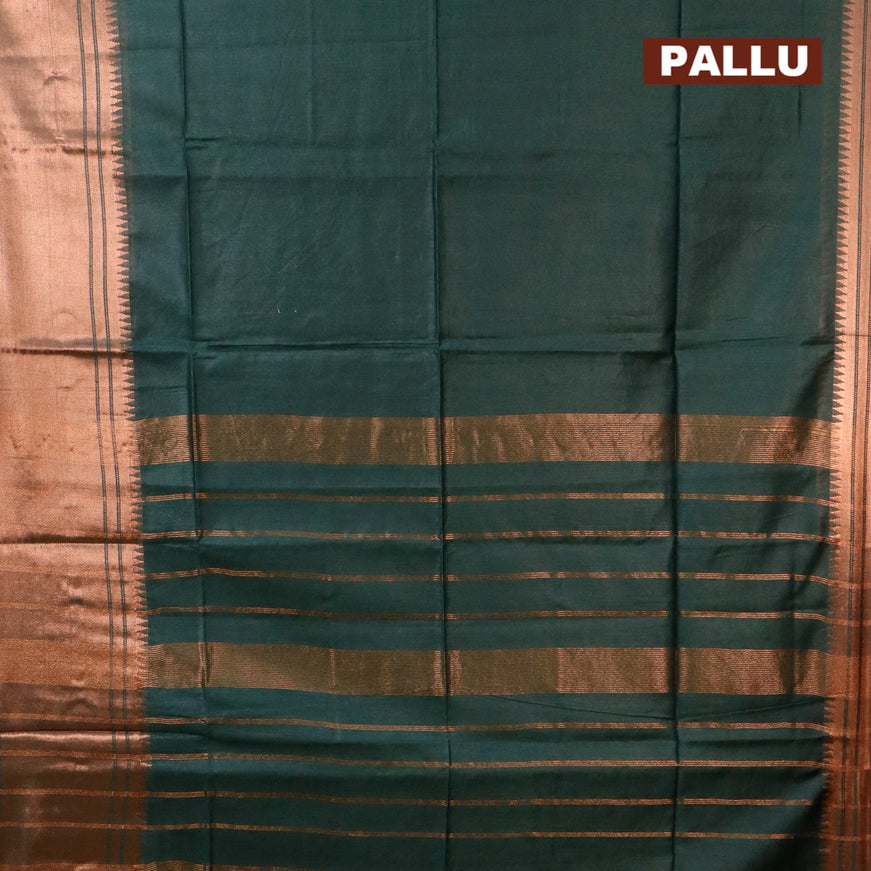 Semi tussar saree bottle green and blue with plain body and long copper zari woven border & kalamkari printed blouse