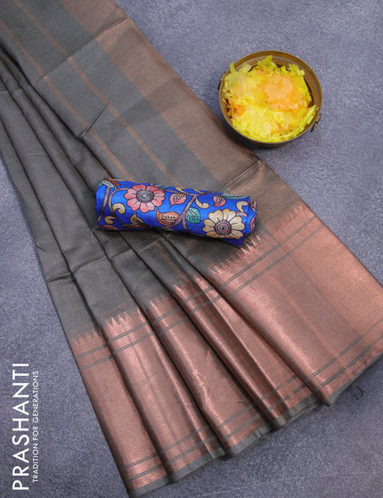 Semi tussar saree grey and blue with plain body and long copper zari woven border & kalamkari printed blouse