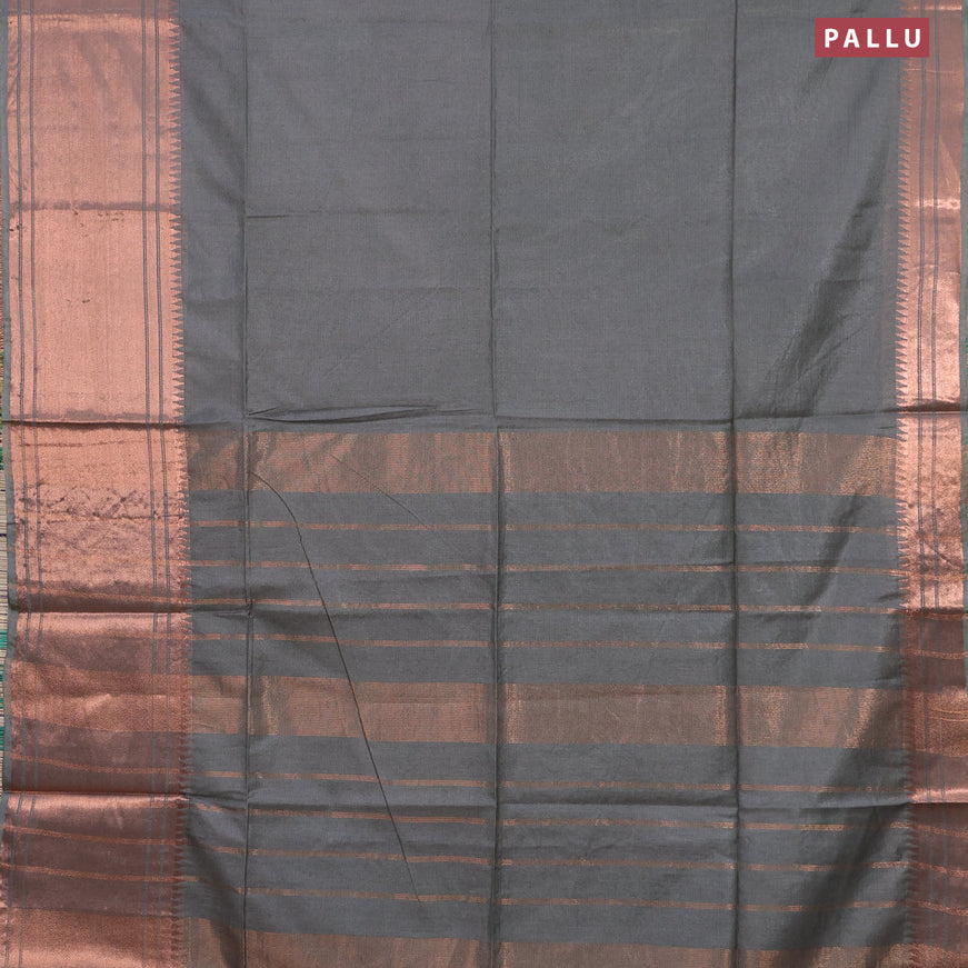 Semi tussar saree grey and blue with plain body and long copper zari woven border & kalamkari printed blouse