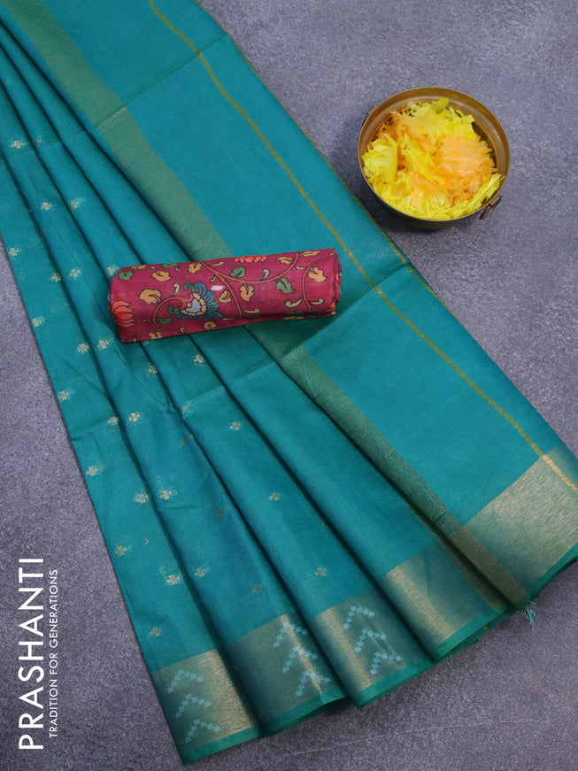 Semi tussar saree teal green and maroon shade with allover zari woven geometric buttas and zari woven border & kalamkari printed blouse